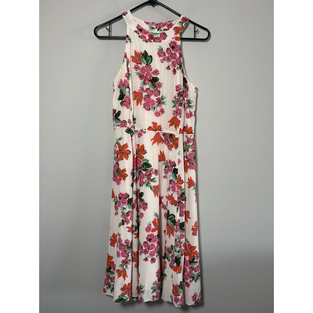 Ann Taylor Dress White Floral Bow Tie Neck Halter A-Line Midi Women's Size 4